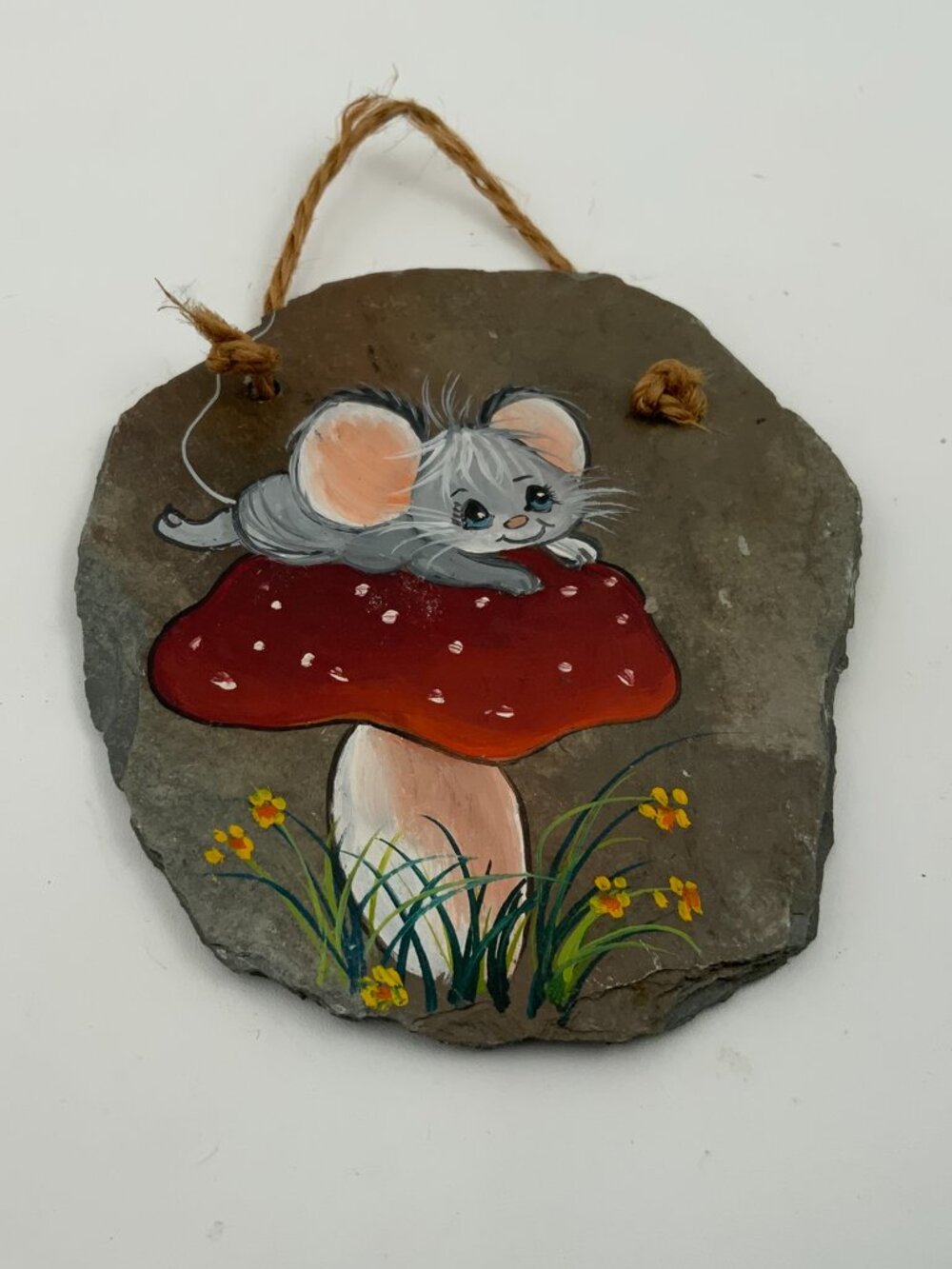 Kitschy Handmade and Hand Painted Mouse on a Mushroom Slate Wall Hanging